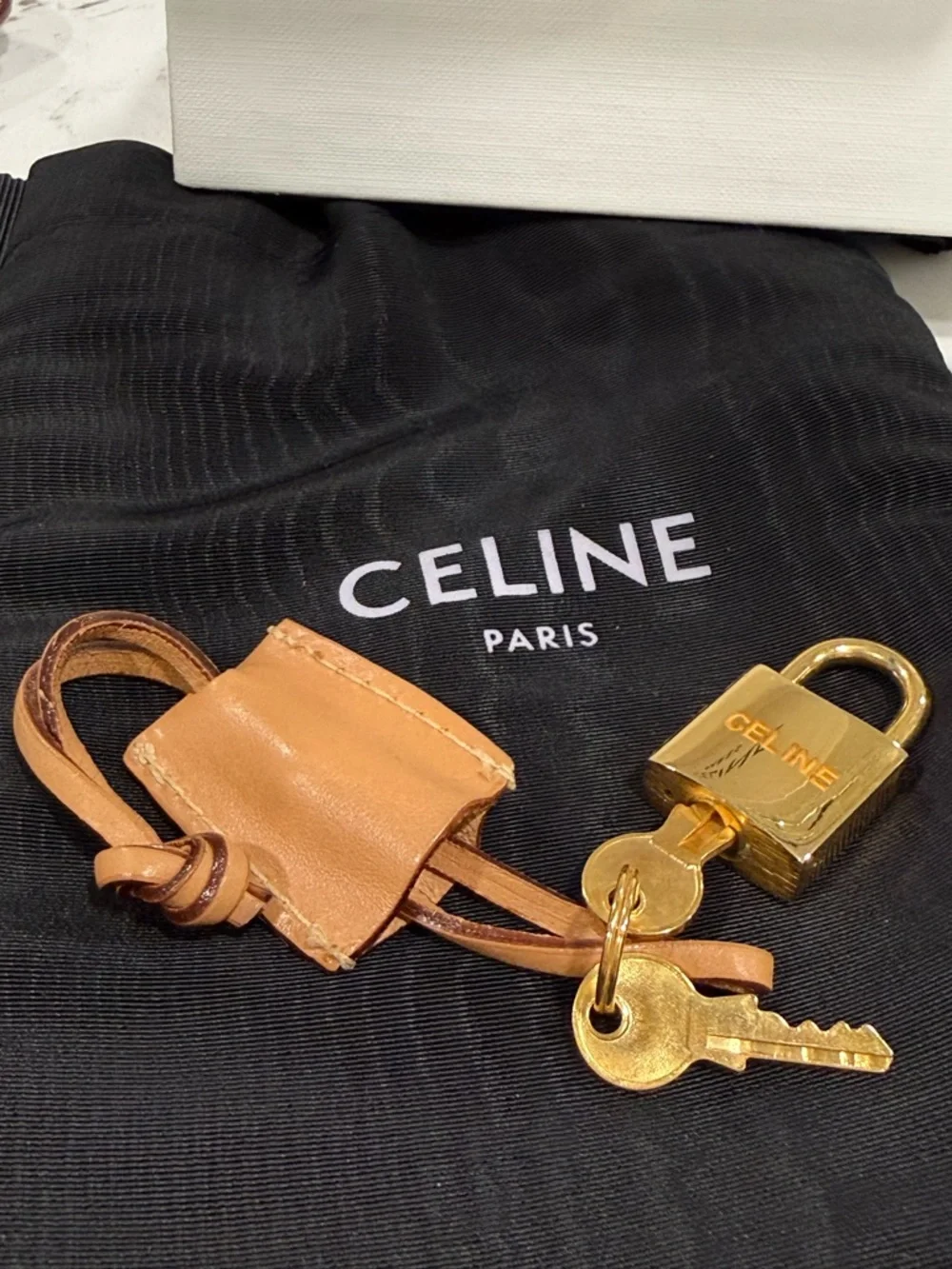 Celine Tan Leather Key Charm with Gold Padlock & Keys - Picture 1 of 1
